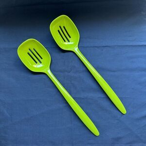 Pair of lime green Hutzler melamine slotted cooking spoons 12in dishwasher safe